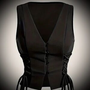 Crossed Frenulum Drawstring Side Cropped Vest ~ Black